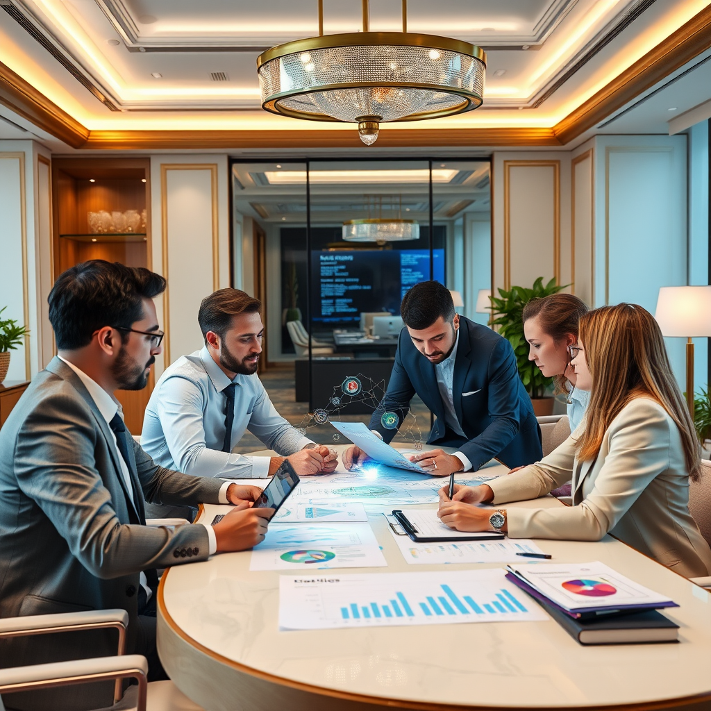 Strategische Planung für digitale Transformation - Geschäftsleute arbeiten an modernen Technologien und digitalen Strategien in einem luxuriösen Büroumfeld