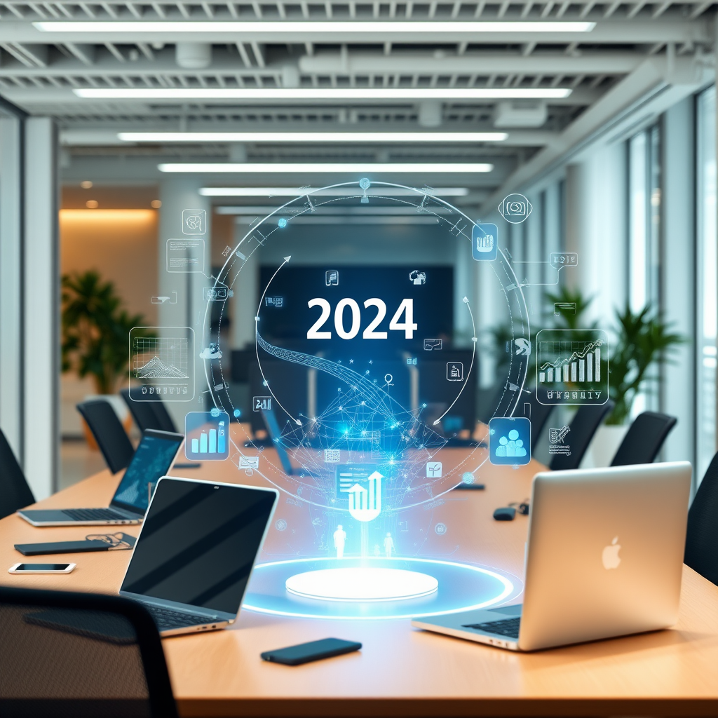 Moderne Büroumgebung mit digitalen Technologien, Laptops, Tablets und Hologramm-Displays, die digitale Transformation und strategische Planung für Unternehmen im Jahr 2024 symbolisieren