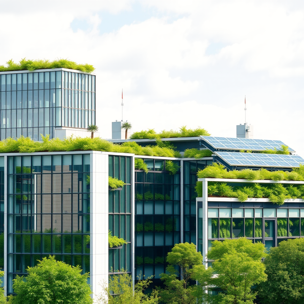 Moderne Bürogebäude mit grünen Pflanzen und Solarpanels auf dem Dach, symbolisiert nachhaltige Geschäftsmodelle und umweltfreundliche Unternehmensführung
