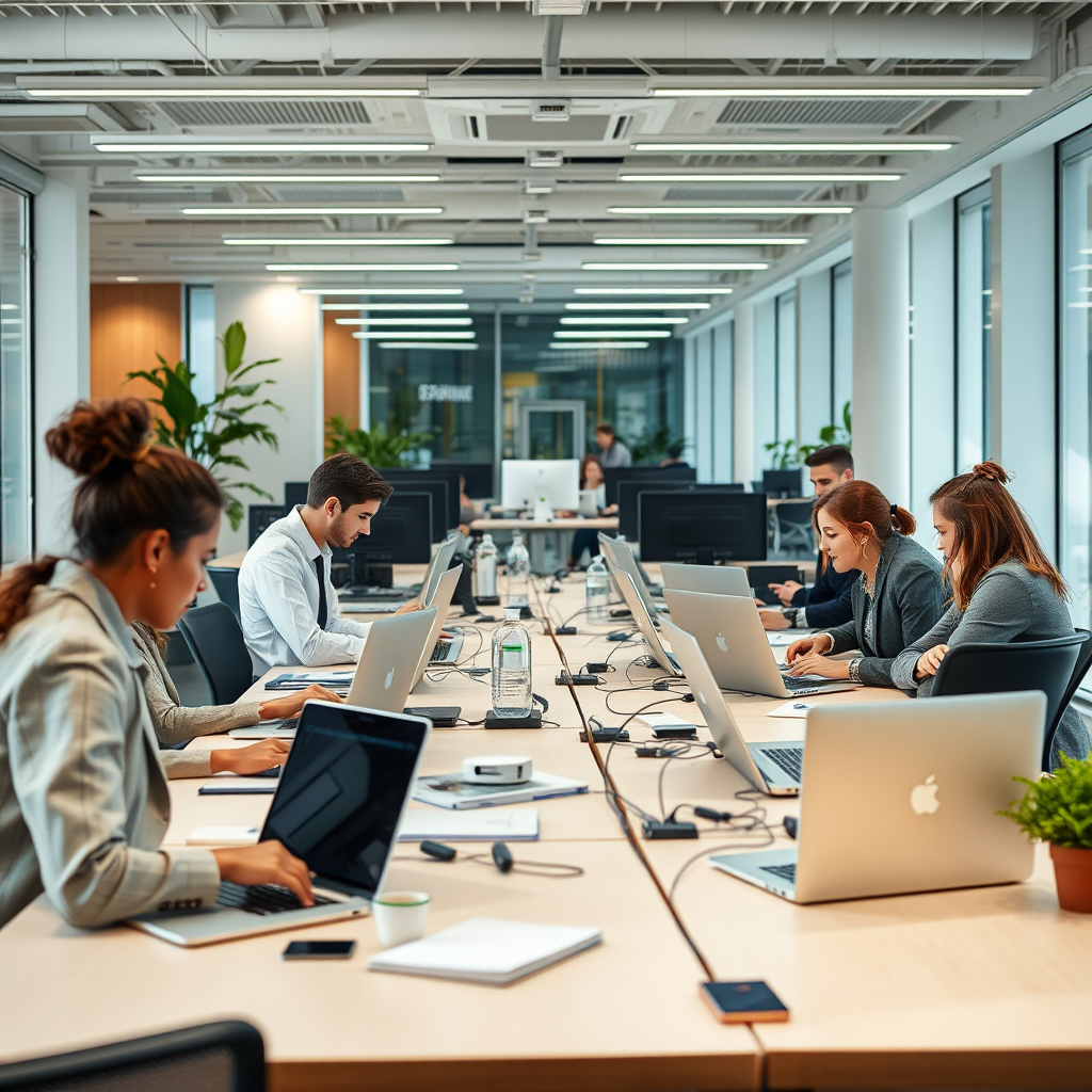 Moderne Büroumgebung mit Laptops und digitalen Geräten, die die Zukunft der Remote-Arbeit symbolisieren, mit Geschäftsleuten die von verschiedenen Standorten aus arbeiten