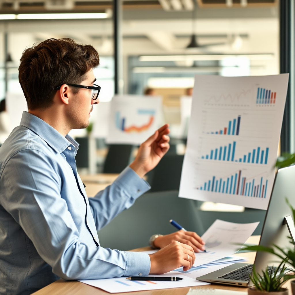 Professioneller Berater analysiert Risikomanagement-Strategien an einem modernen Arbeitsplatz mit Diagrammen und Grafiken zur Geschäftsplanung