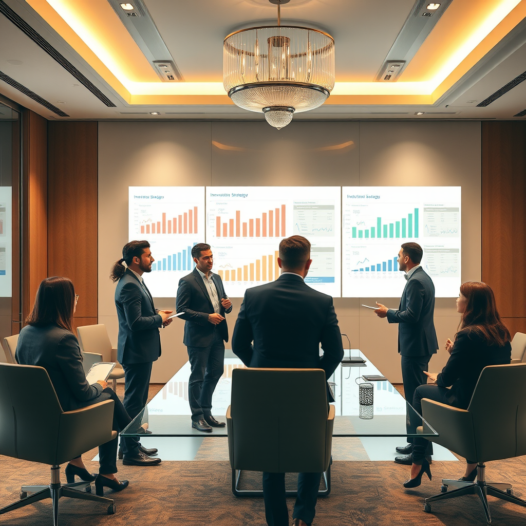 Moderne Geschäftsleute in einem eleganten Konferenzraum diskutieren Innovationsstrategien mit digitalen Präsentationen und Marktanalyse-Charts im Hintergrund