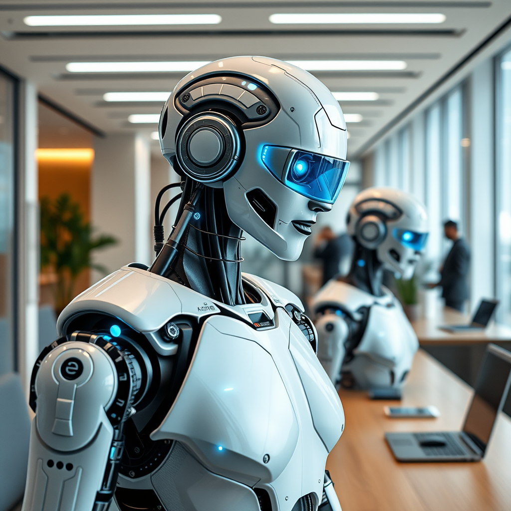 Künstliche Intelligenz und Automatisierung in modernen Unternehmen, dargestellt durch futuristische Roboter und digitale Schnittstellen in einem eleganten Büroumfeld