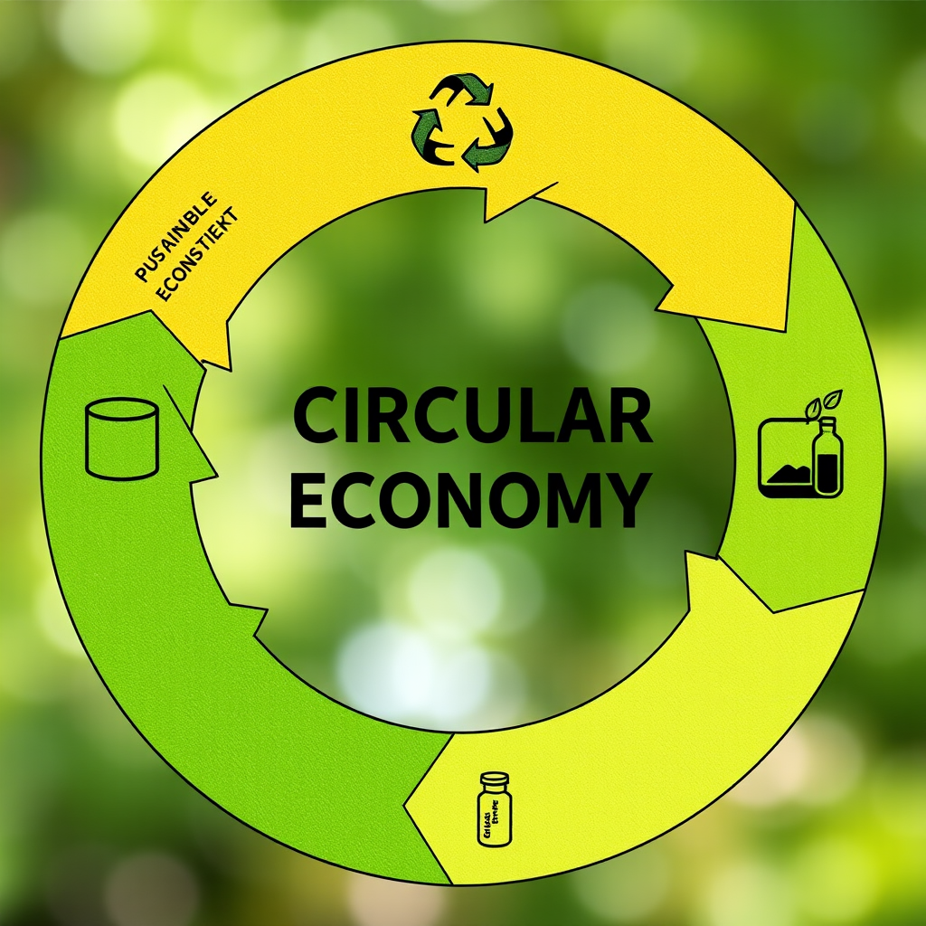 Diagramm der Kreislaufwirtschaft mit Pfeilen die Recycling, Wiederverwendung und nachhaltige Produktion zeigen