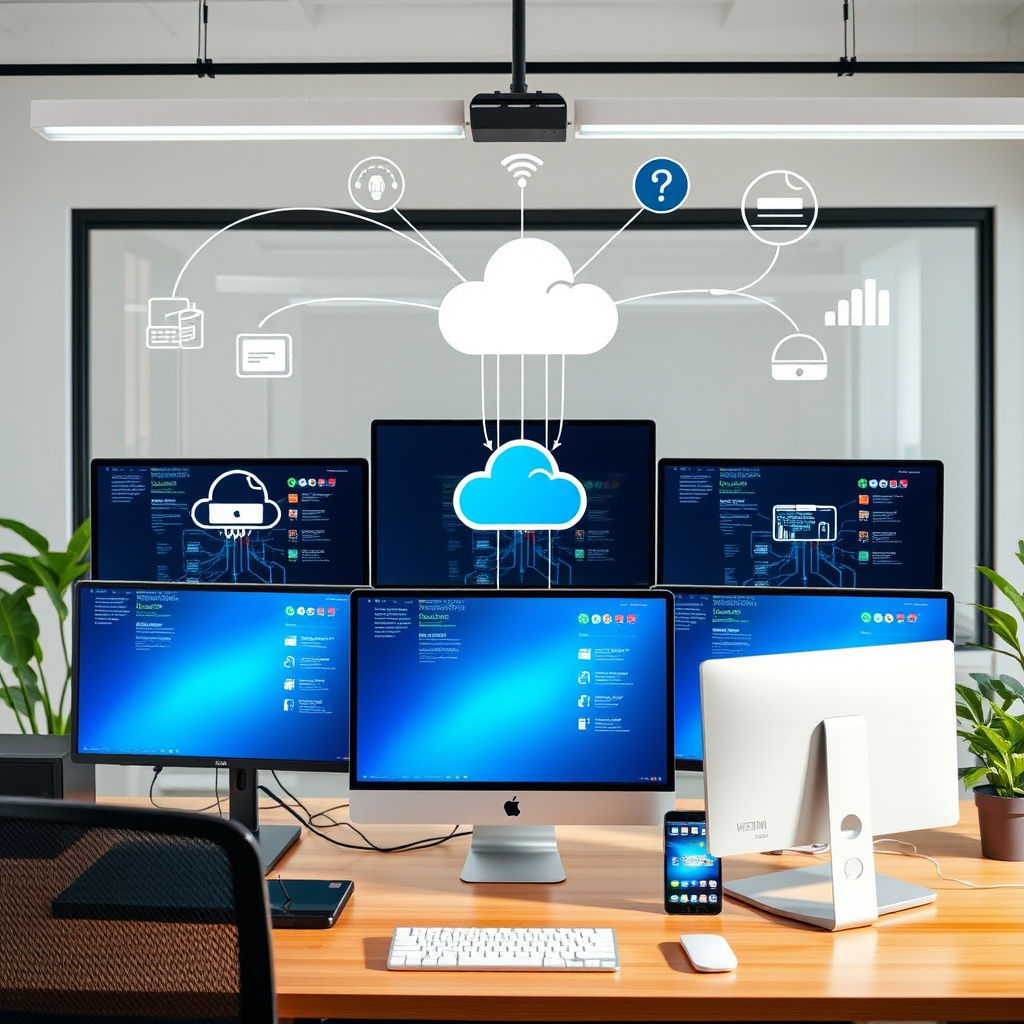 Digitaler Arbeitsplatz mit mehreren Monitoren, Cloud-Computing-Symbolen und vernetzten Geräten, die moderne Remote-Arbeit veranschaulichen