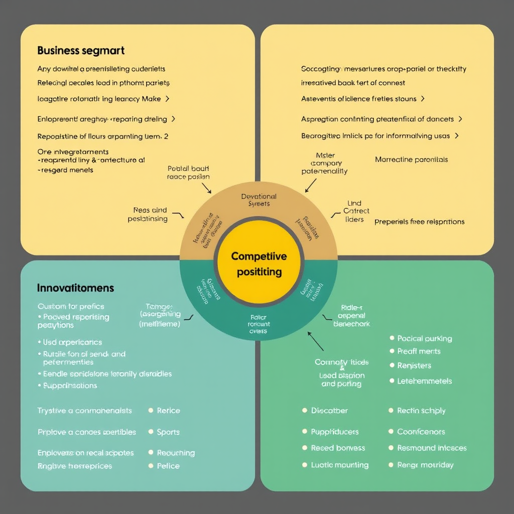 Strategisches Diagramm zeigt Wettbewerbspositionierung mit verschiedenen Unternehmenssegmenten, Marktanteilen und Innovationsbereichen in professioneller Darstellung