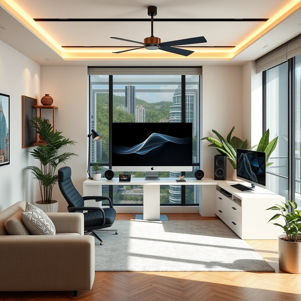 Zukunft der Remote-Arbeit - Moderne Home-Office-Einrichtung mit luxuriösen Elementen und professioneller Technologie für Fernarbeit