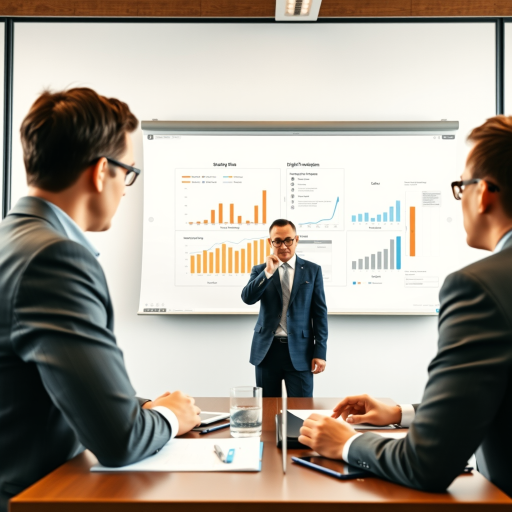 Strategische Planungssitzung mit Geschäftsführern und Beratern, die Diagramme und Zukunftspläne für digitale Transformation diskutieren