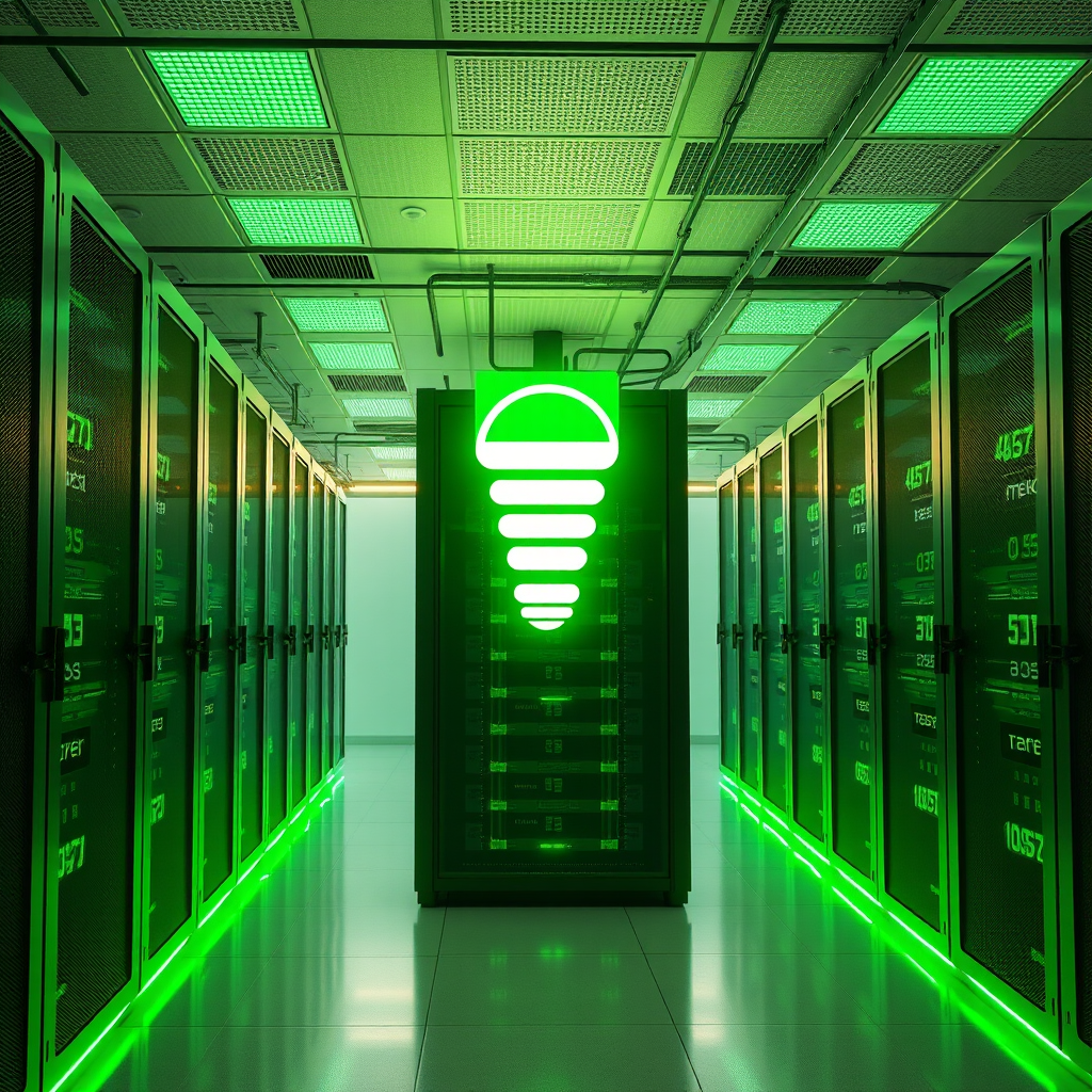 Moderne Serverräume mit grüner Beleuchtung und Energieeffizienz-Symbolen, die digitale Nachhaltigkeit repräsentieren