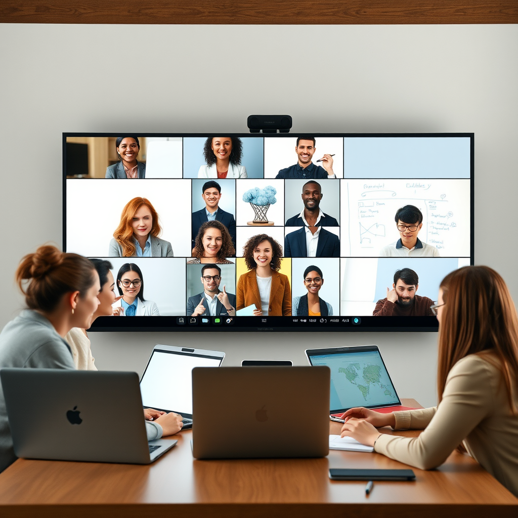 Diverse Gruppe von Geschäftsleuten die über Videokonferenz zusammenarbeiten, mit Laptops und digitalen Whiteboards, die effektive Remote-Teamarbeit zeigen