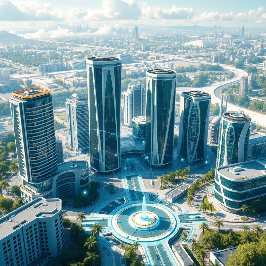 Futuristische Geschäftslandschaft mit vernetzten Gebäuden, digitalen Verbindungen und innovativen Technologien, die die Zukunft der Unternehmensführung im Jahr 2024 darstellen